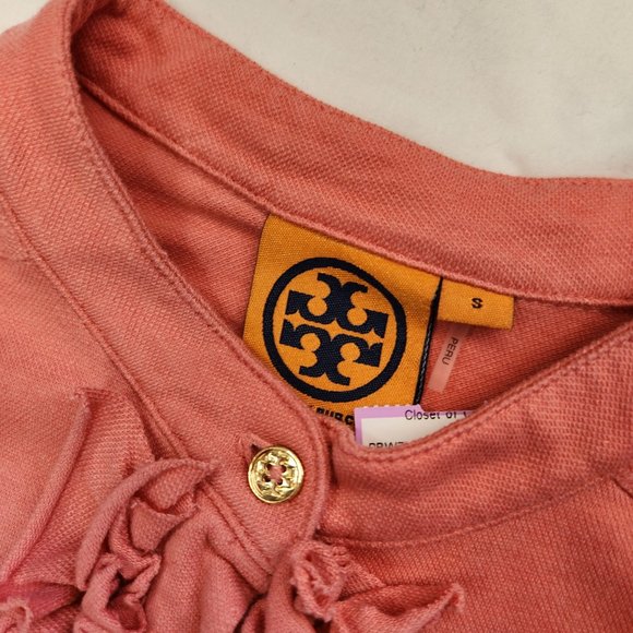 Tory Burch Long Sleeve Blouse Peach Pink Size Small Ruffle Gold Button Down - Picture 3 of 3